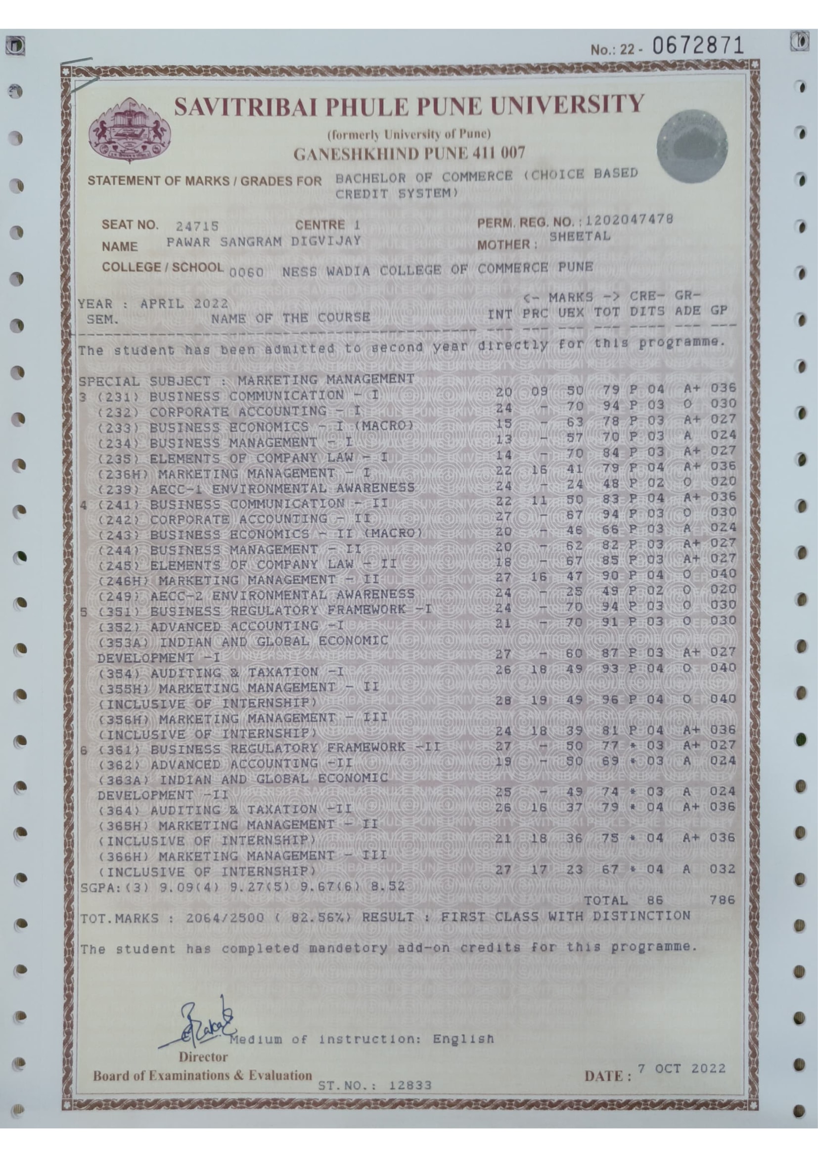 Bcom Marksheet